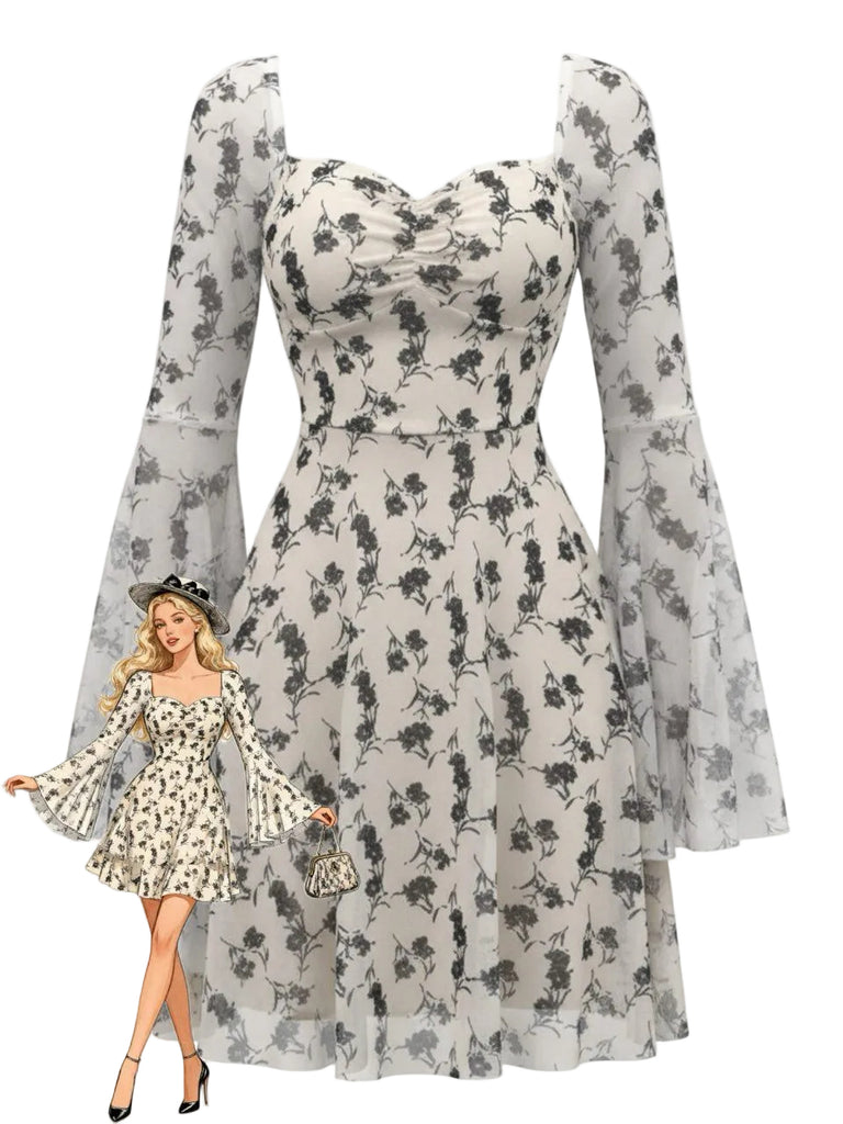 Beige 1950s Floral Sweetheart Mesh Bell-Sleeve Mini Dress - vintage dress, retro fashion, elegant style for vintage lovers