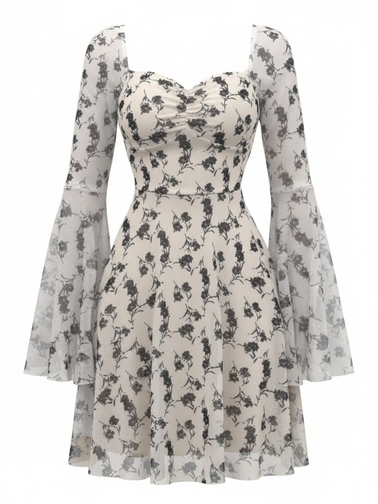 Beige 1950s Floral Sweetheart Mesh Bell-Sleeve Mini Dress: beautiful vintage dress, retro fashion, elegant style with timeless appeal