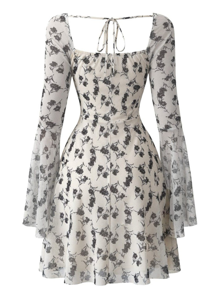 Beige 1950s Floral Sweetheart Mesh Bell-Sleeve Mini Dress | vintage dress, retro fashion, elegant style - perfect for retro fashion enthusiasts