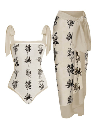 Beige 1950s Ink Floral One-piece Swimsuit & Cover-up: timeless style reimagined