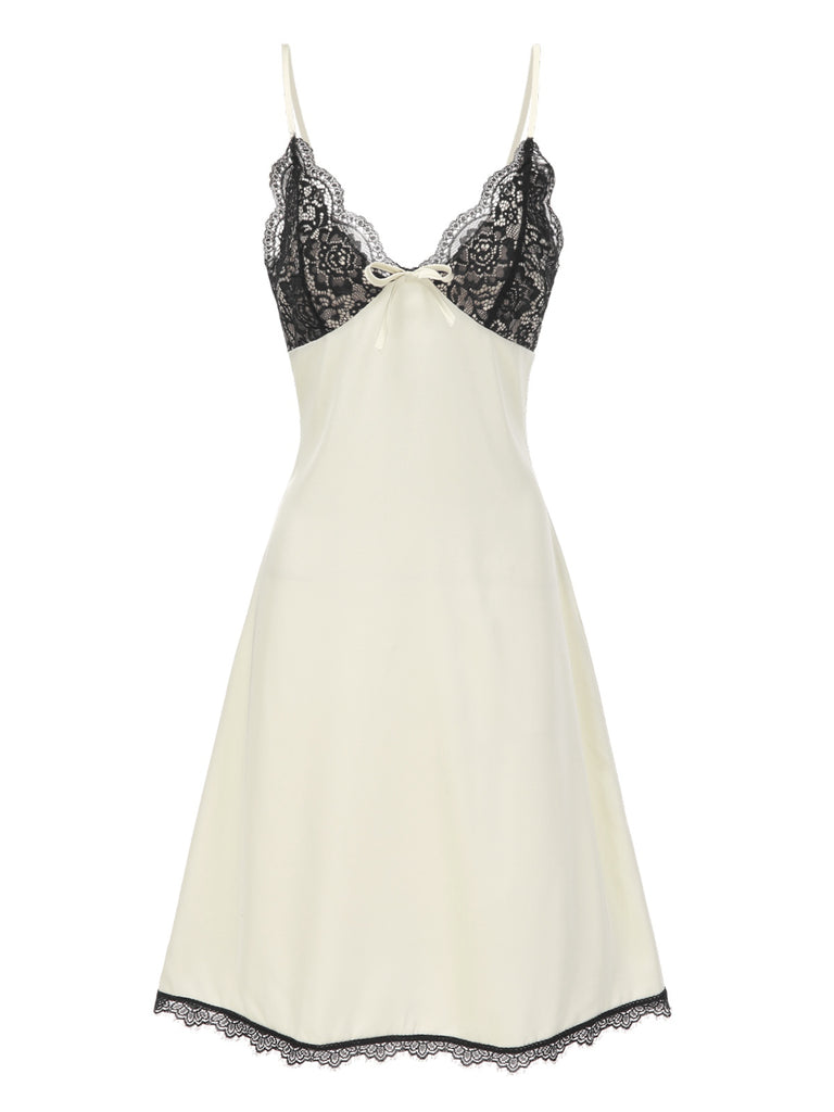 Beige 1950s Lace Patchwork Satin Straps Nightgown: where 1950s romance meets her modern spirit