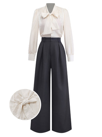 Beige 1950s Pearl Trimmed Bow Tie-Neck Jumpsuit - vintage jumpsuit, retro fashion