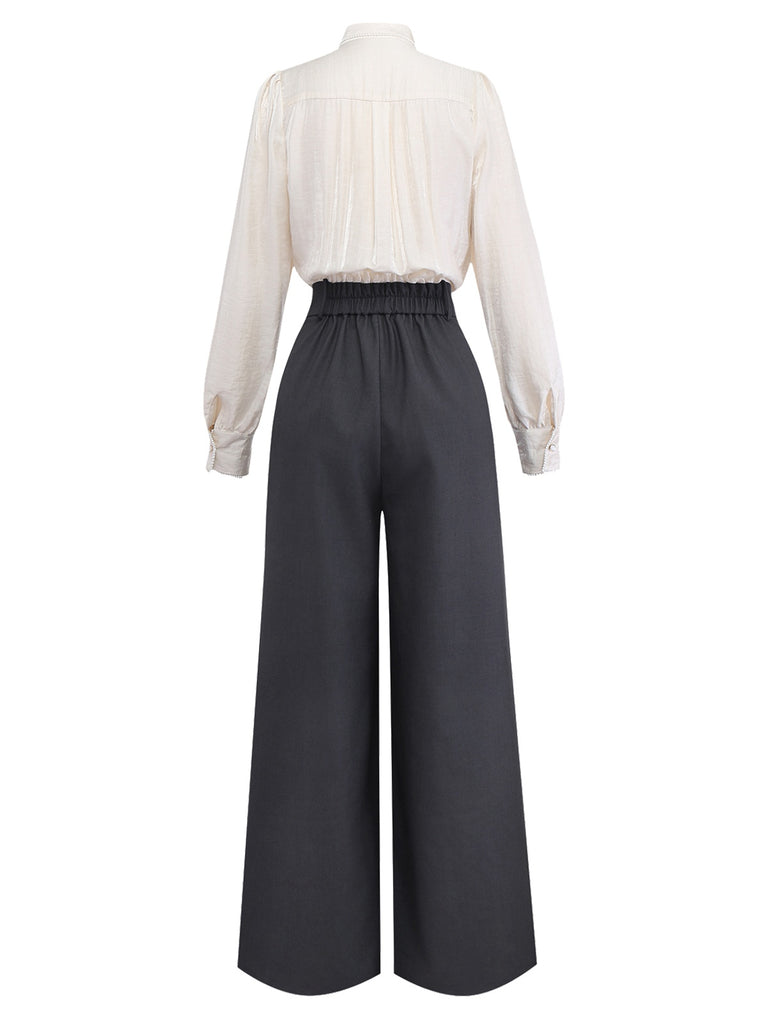 Beige 1950s Pearl Trimmed Bow Tie-Neck Jumpsuit - vintage jumpsuit, retro fashion