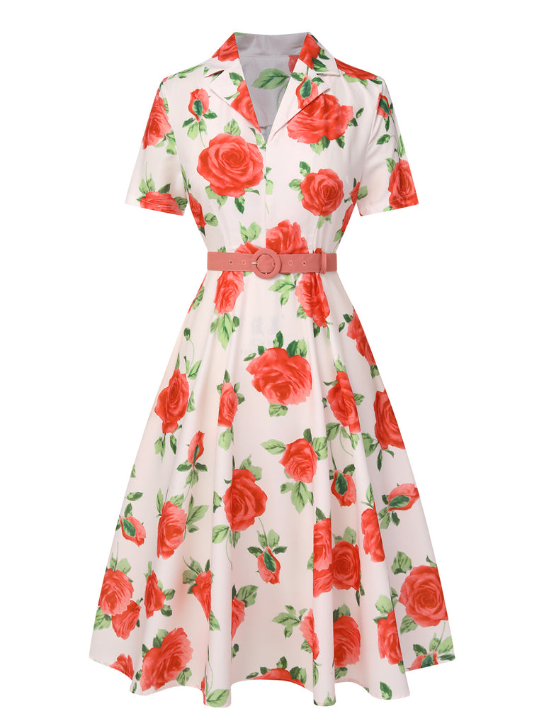 Beige 1950s Roses Lapel Dress With Belt, vintage dress, retro fashion, rockabilly, pin-up fashion - perfect for women who love vintage and retro fashion