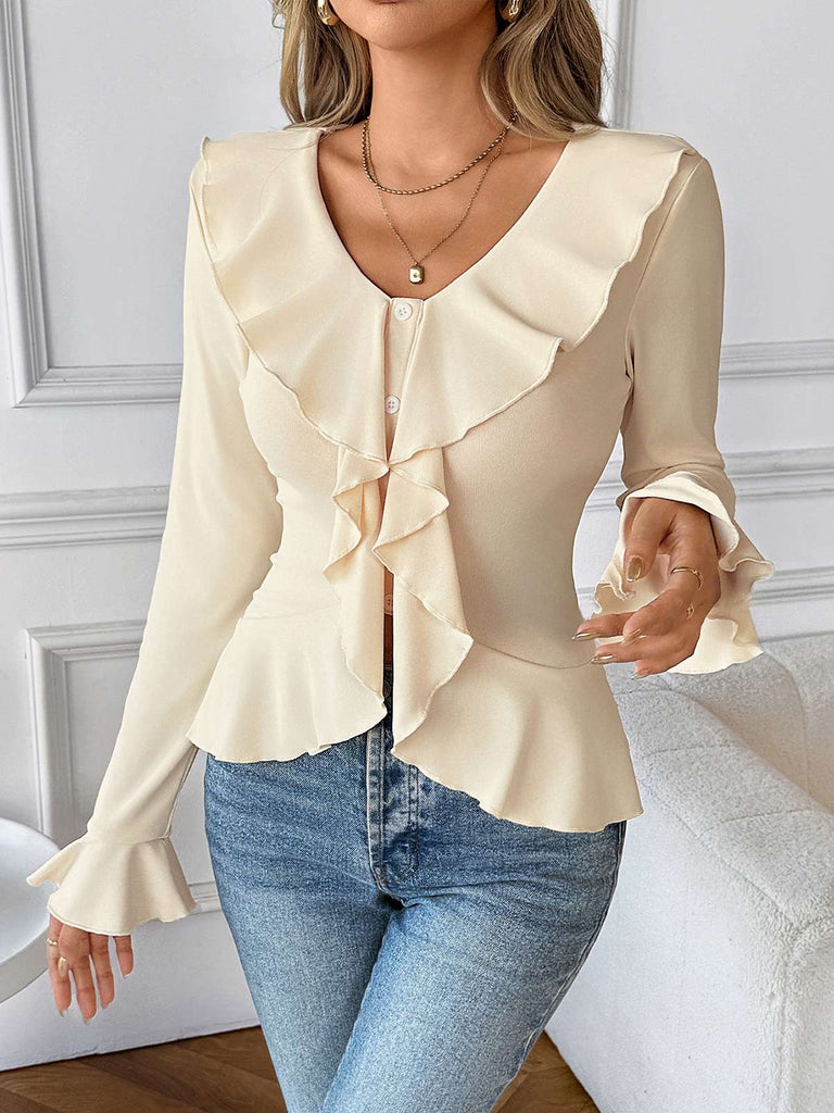 Beige 1950s Solid Ruffled Lapel Collar Top - vintage fashion, retro style