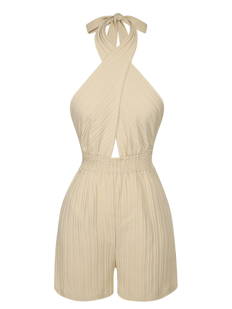 She finds her 1950s story in this Beige 1950s Texture Folds Cross Halter Romper