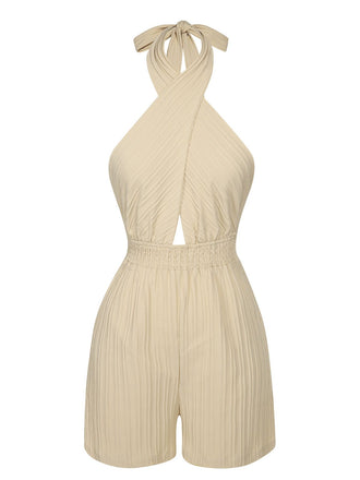 She finds her 1950s story in this Beige 1950s Texture Folds Cross Halter Romper
