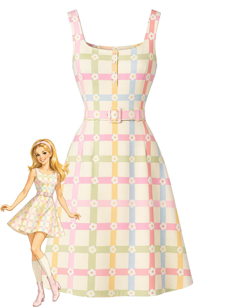 Beige 1960s Plaid Floral Square Neck Dress