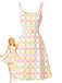 Beige 1960s Plaid Floral Square Neck Dress
