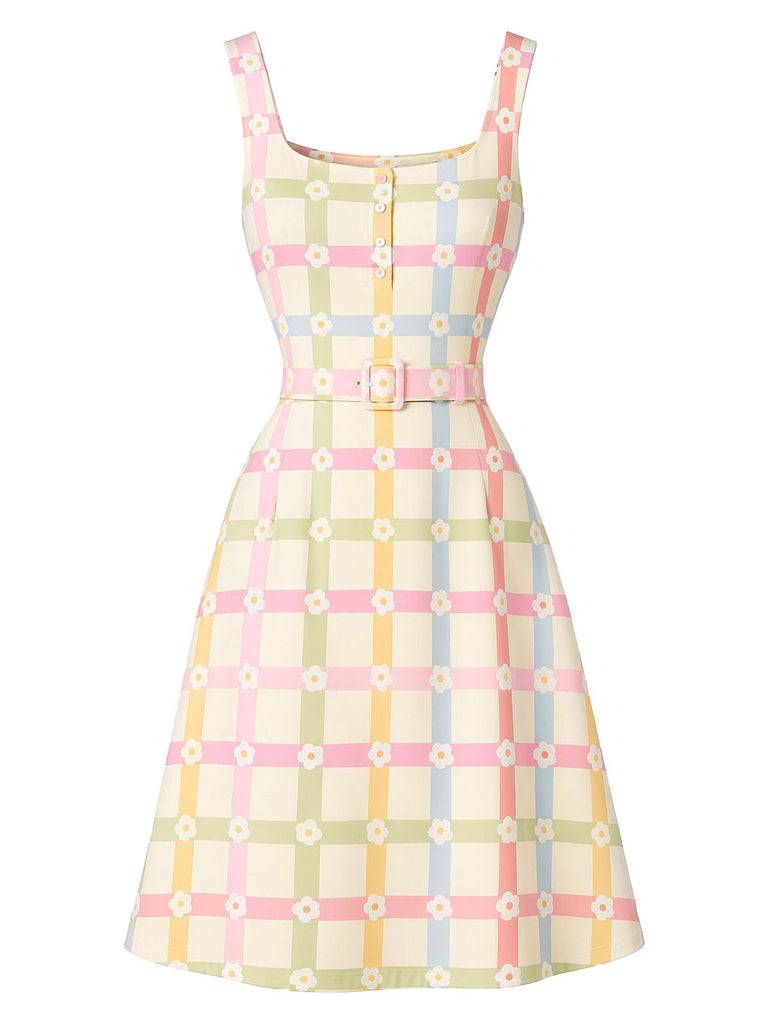 Beige 1960s Plaid Floral Square Neck Dress 2