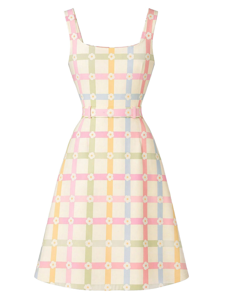 Beige 1960s Plaid Floral Square Neck Dress 3