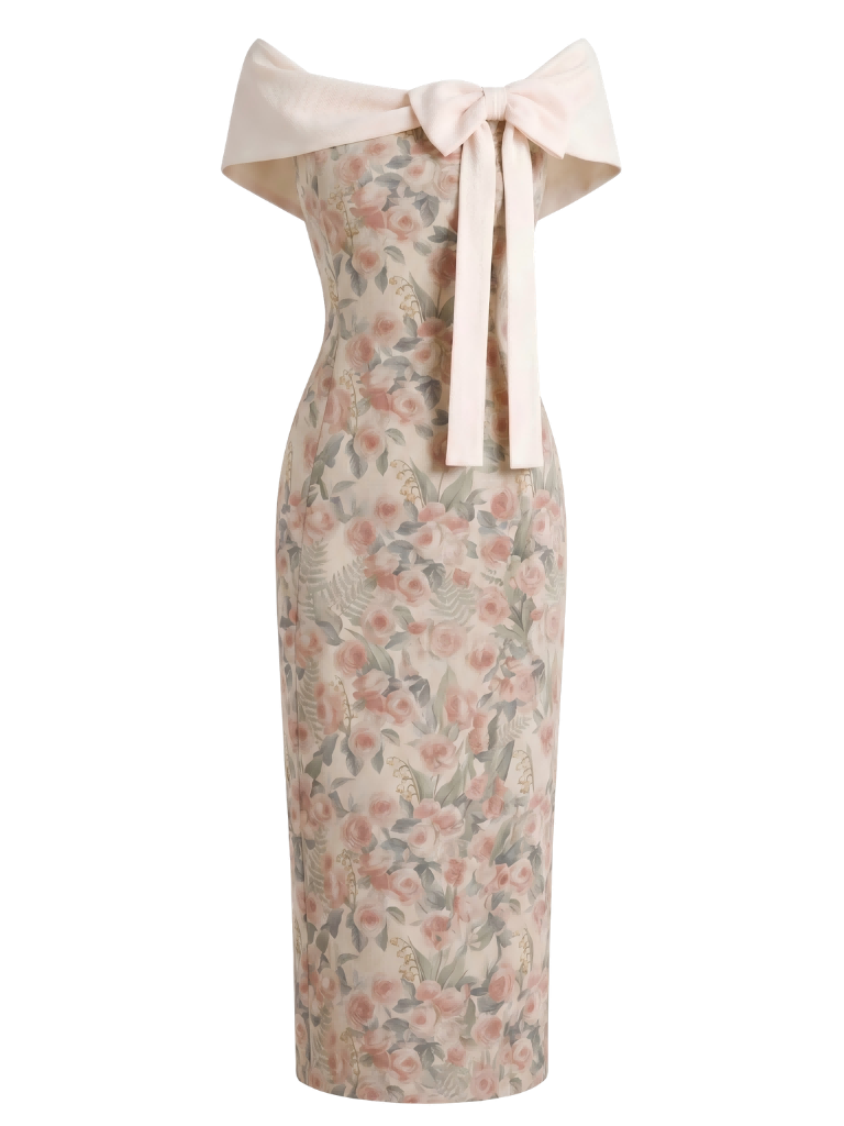 [Pre-Sale] Beige 1960s Floral Off Shoulder Bow Bodycon Dress, vintage dress, retro fashion, floral print - perfect for women who love vintage and retro fashion