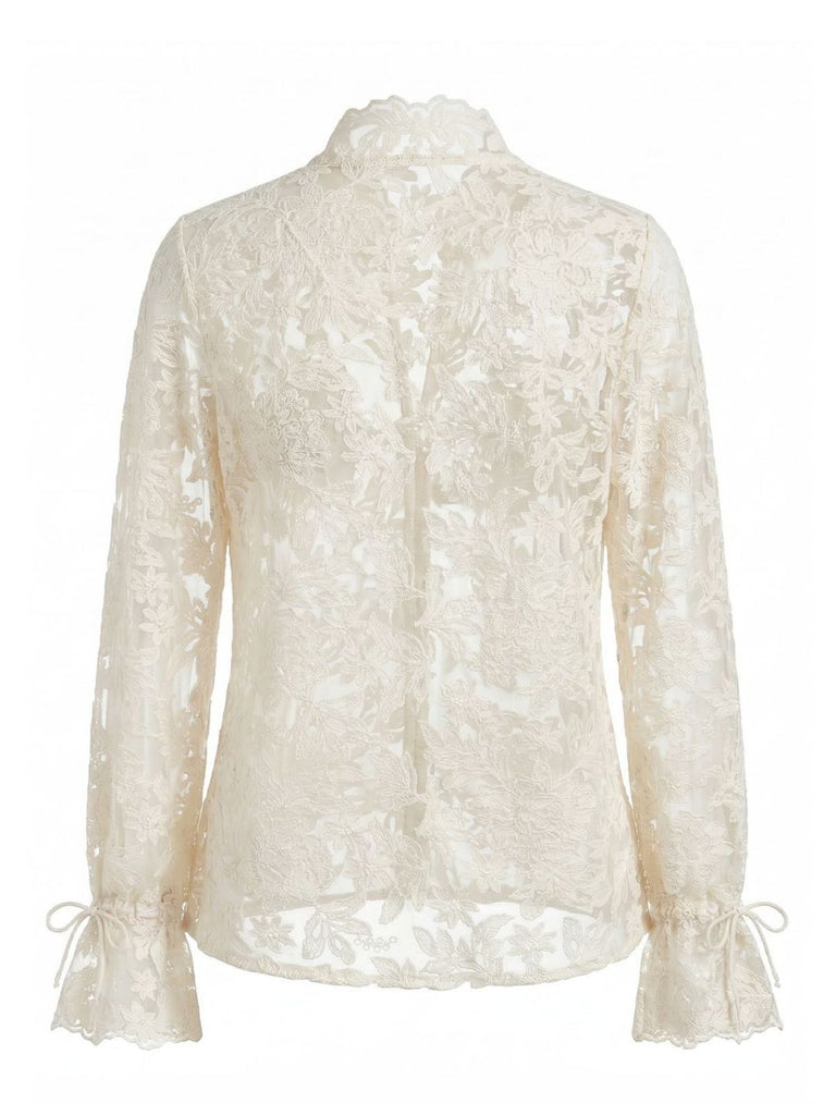 Beige 1960s Lace Cutout Shirt Blouse | vintage blouse, retro top, classic style - perfect for retro fashion enthusiasts