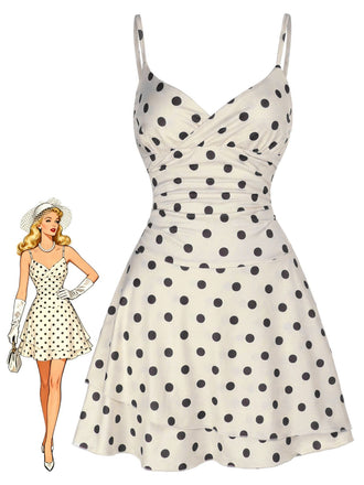 White 1960s Polka Dot V Neck Dress