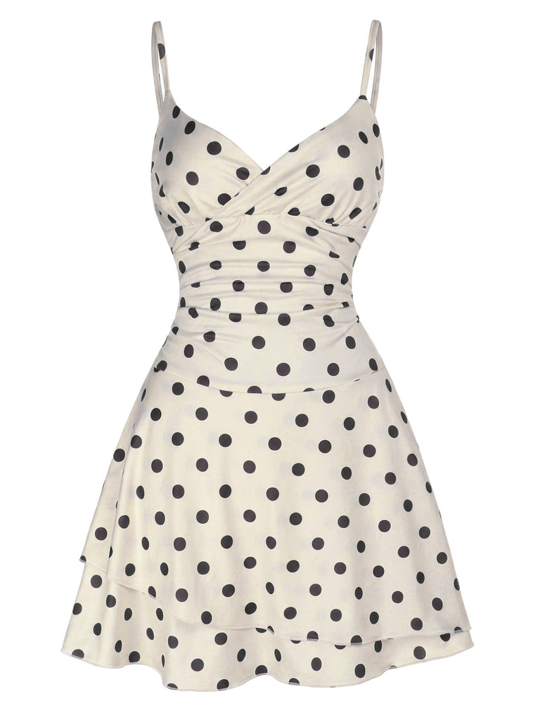 White 1960s Polka Dot V Neck Dress 9