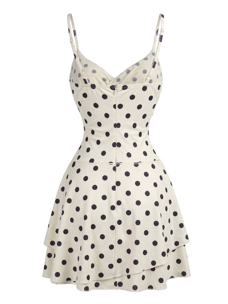 White 1960s Polka Dot V Neck Dress 8