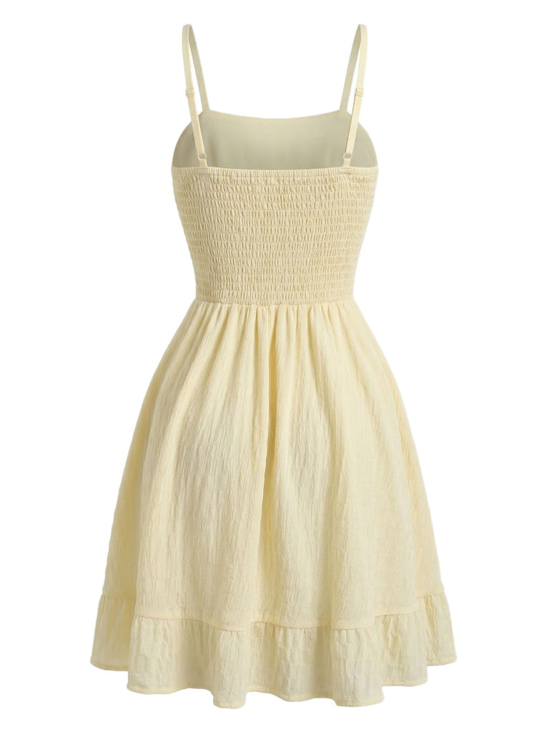 Beige 1960s Solid Ruched Textured Spaghetti Strap Mini Dress - vintage dress, retro fashion for vintage lovers