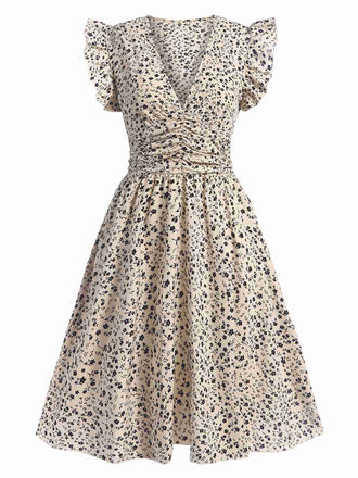 Beige 1960s V-Neck Ruffled Ditsy Floral Dress, vintage dress, retro fashion, floral print - perfect for women who love vintage and retro fashion