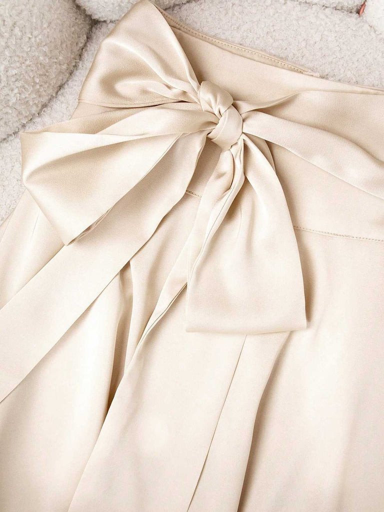 Beige 1970s Bow Tie Satin Skirt - vintage skirt, retro style