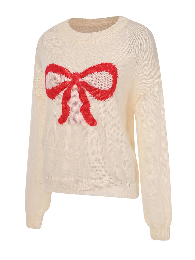 Beige 1970s Christmas Bow Pattern Sweater, vintage fashion, retro style - perfect for women who love vintage and retro fashion