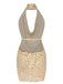 Beige 1970s Deep V-Neck Sequined Dress, vintage dress, retro fashion - perfect for women who love vintage and retro fashion
