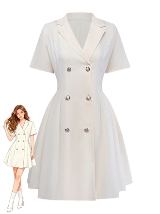 Beige 1970s Double Breasted Lapel Pleated Dress - vintage dress, retro fashion