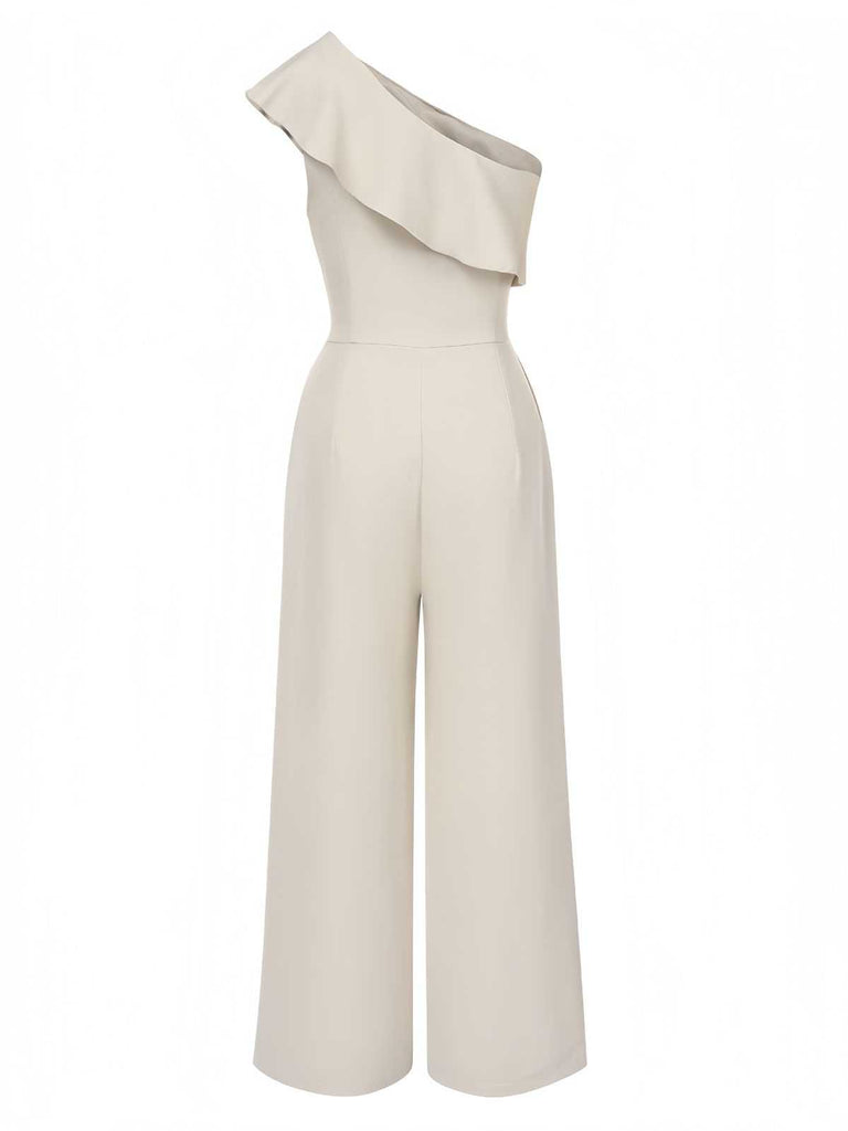 Beige 1970s One-Shoulder Tiered Ruffles Jumpsuit: timeless 1970s elegance she makes her own
