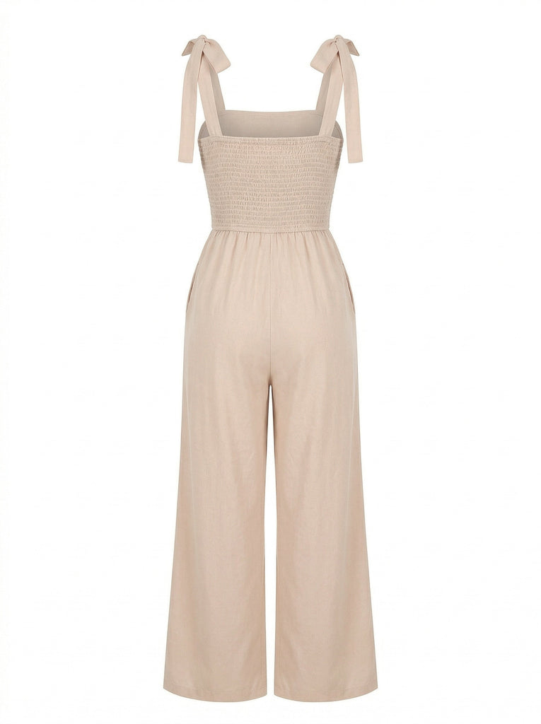 Beige 1970s Tie Spaghetti Strap Patchwork Jumpsuit - vintage jumpsuit, retro fashion