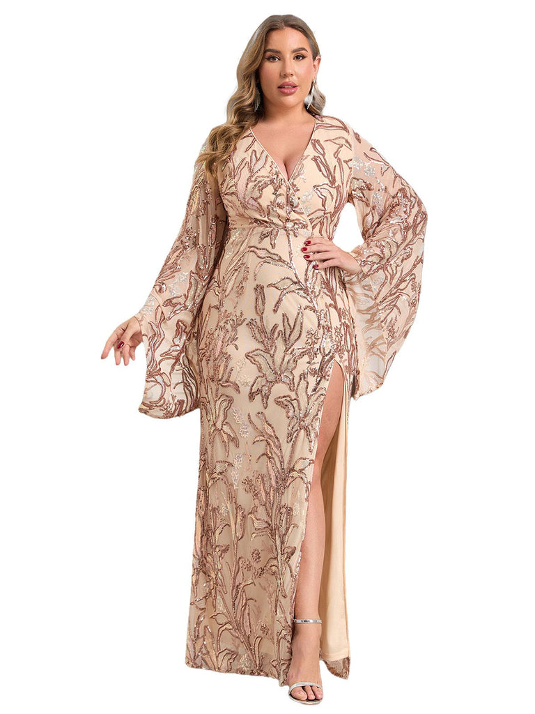 Beige 1980s Floral Sequin Maxi Slit Dress - vintage dress, retro fashion