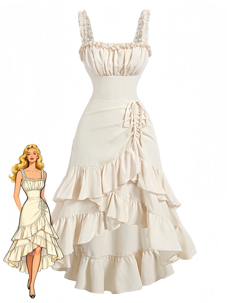 Beige 1980s Solid Ruffled Hem Suspender Dress - vintage dress, retro fashion, elegant style for vintage lovers