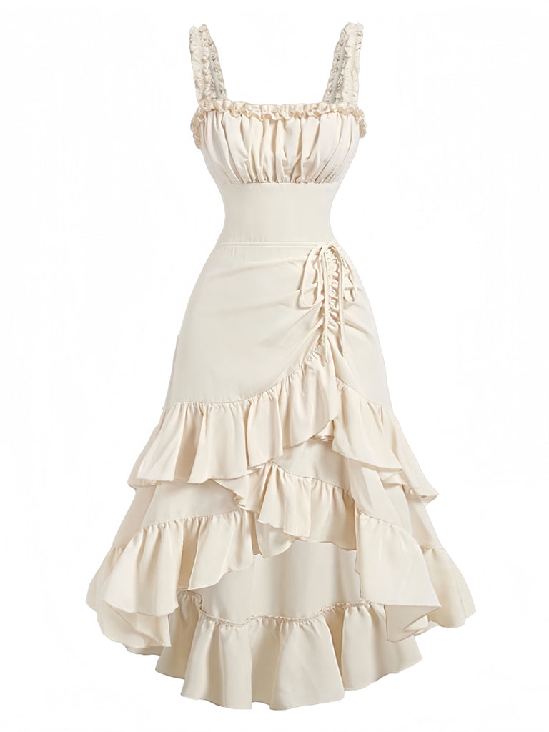 Beige 1980s Solid Ruffled Hem Suspender Dress: beautiful vintage dress, retro fashion, elegant style with timeless appeal