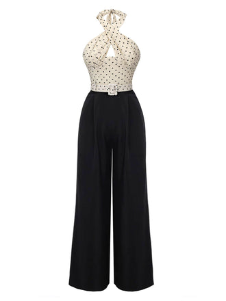 Beige & Black 1950s Heart Dots Halter Jumpsuit, vintage romper, retro jumpsuit - perfect for women who love vintage and retro fashion