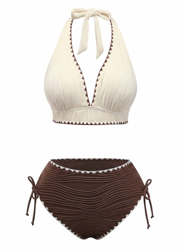 Beige Brown 1950s Halter High-Waist Ribbed Bikini Set: beautiful vintage swimwear, retro swimsuit, pin-up style with timeless appeal