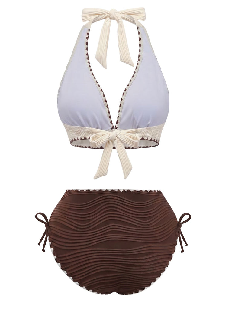 Beige Brown 1950s Halter High-Waist Ribbed Bikini Set, vintage swimsuit, pin-up swimwear - perfect for women who love vintage and retro fashion