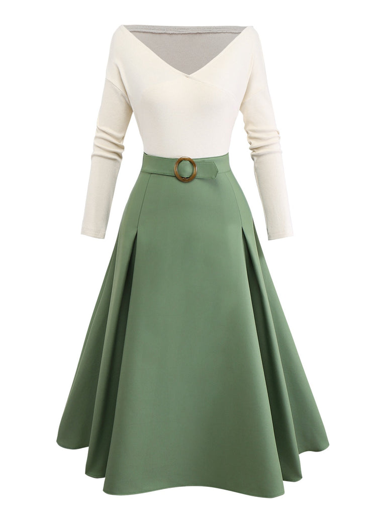 Beige & Green 1950s Knit Off-Shoulder Pleated Dress - vintage dress, retro fashion, rockabilly