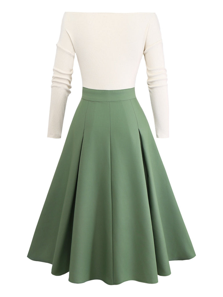 Beige & Green 1950s Knit Off-Shoulder Pleated Dress - vintage dress, retro fashion, rockabilly