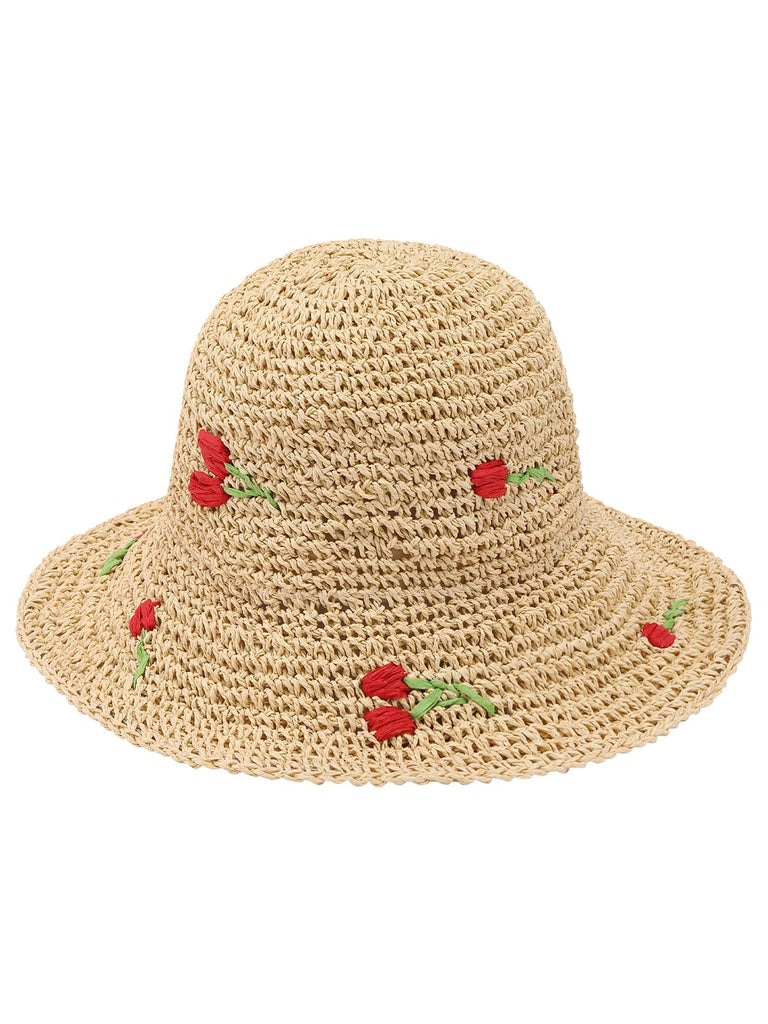 Beige Retro Rose Straw Sun Hat, vintage fashion, retro style - perfect for women who love vintage and retro fashion