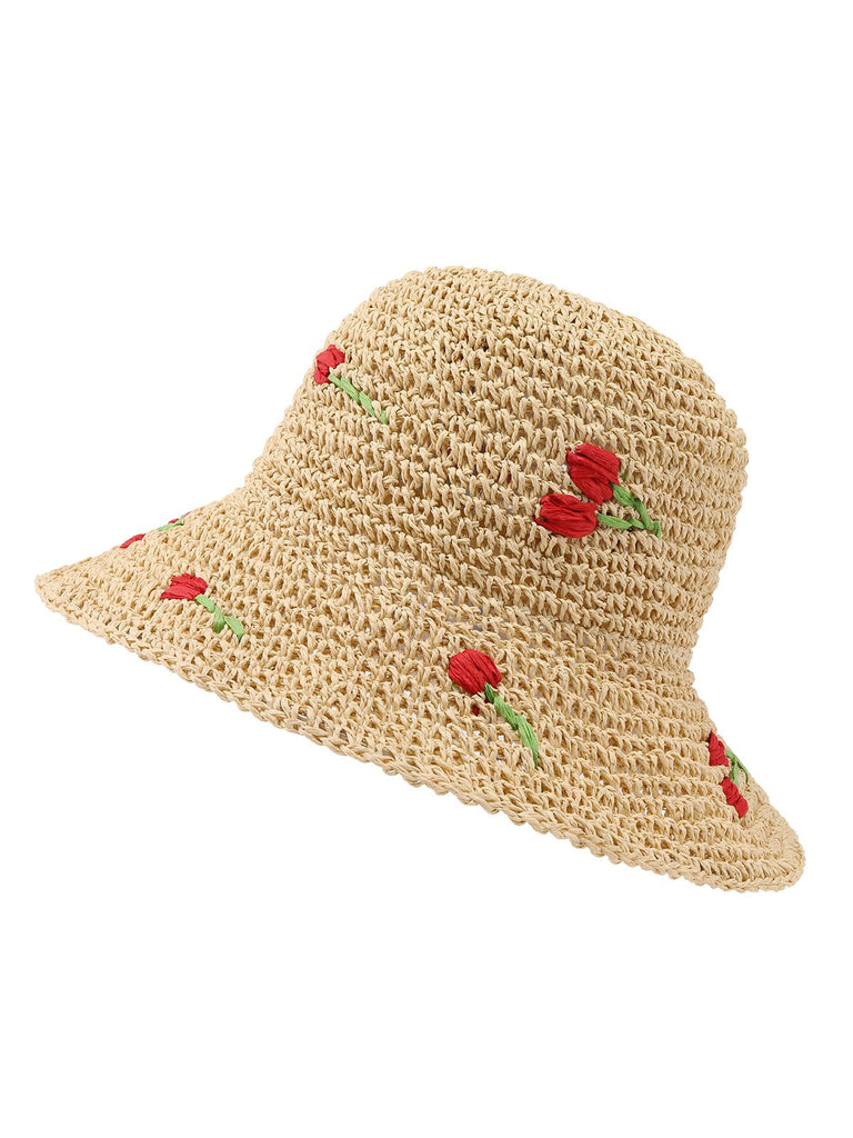 Beige Retro Rose Straw Sun Hat, vintage fashion, retro style - perfect for women who love vintage and retro fashion