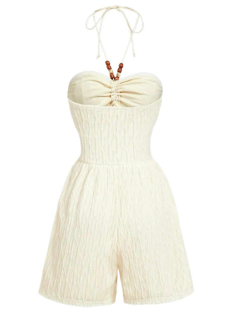 Beige 1940s Beaded Ruched Halter Waist Romper - vintage jumpsuit, retro fashion