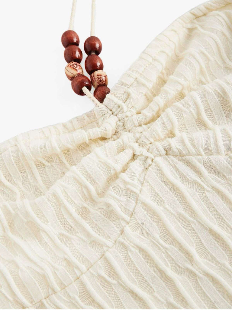 Beige 1940s Beaded Ruched Halter Waist Romper - vintage jumpsuit, retro fashion