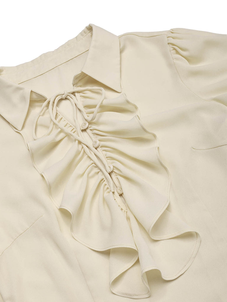 Beige 1960s Victorian Ruffled Front Tie Button Blouse ruffle detail
