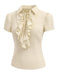 Beige 1960s Victorian Ruffled Front Tie Button Blouse side view