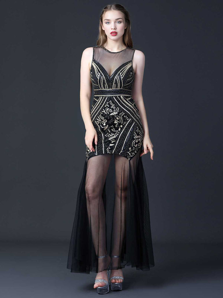 This Black 1920s Round Neck Sheer Beading Dress wraps her in 1920s elegance, one twirl at a time