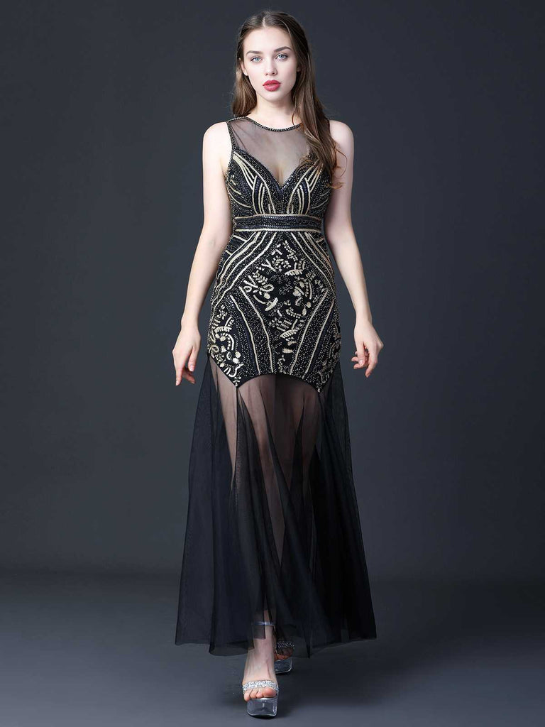 Black 1920s Round Neck Sheer Beading Dress — a 1920s silhouette that turns sidewalks into runways
