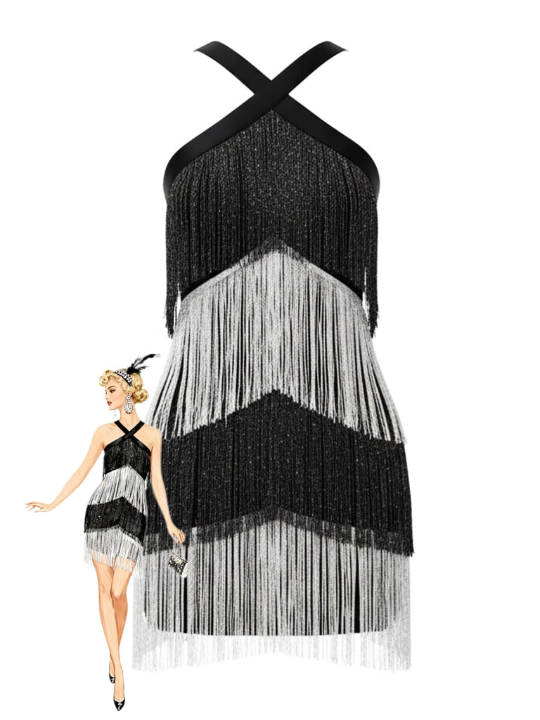 Black 1920s Strappy Fringe Sequin Cocktail Dress - vintage dress, retro fashion, Gatsby party