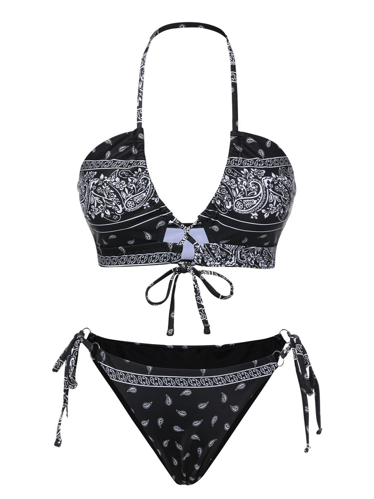 Black 1930s Cashew Flowers Lace-Up Bikini Set, vintage swimsuit, pin-up swimwear - perfect for women who love vintage and retro fashion