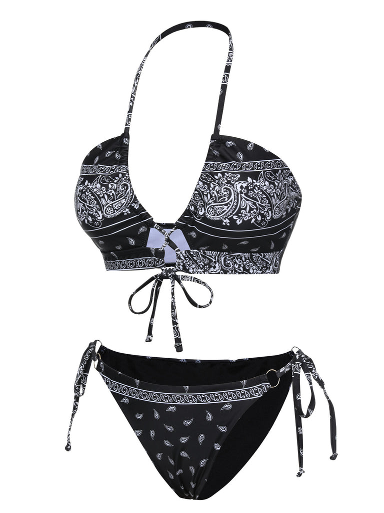Black 1930s Cashew Flowers Lace-Up Bikini Set, vintage swimsuit, pin-up swimwear - perfect for women who love vintage and retro fashion