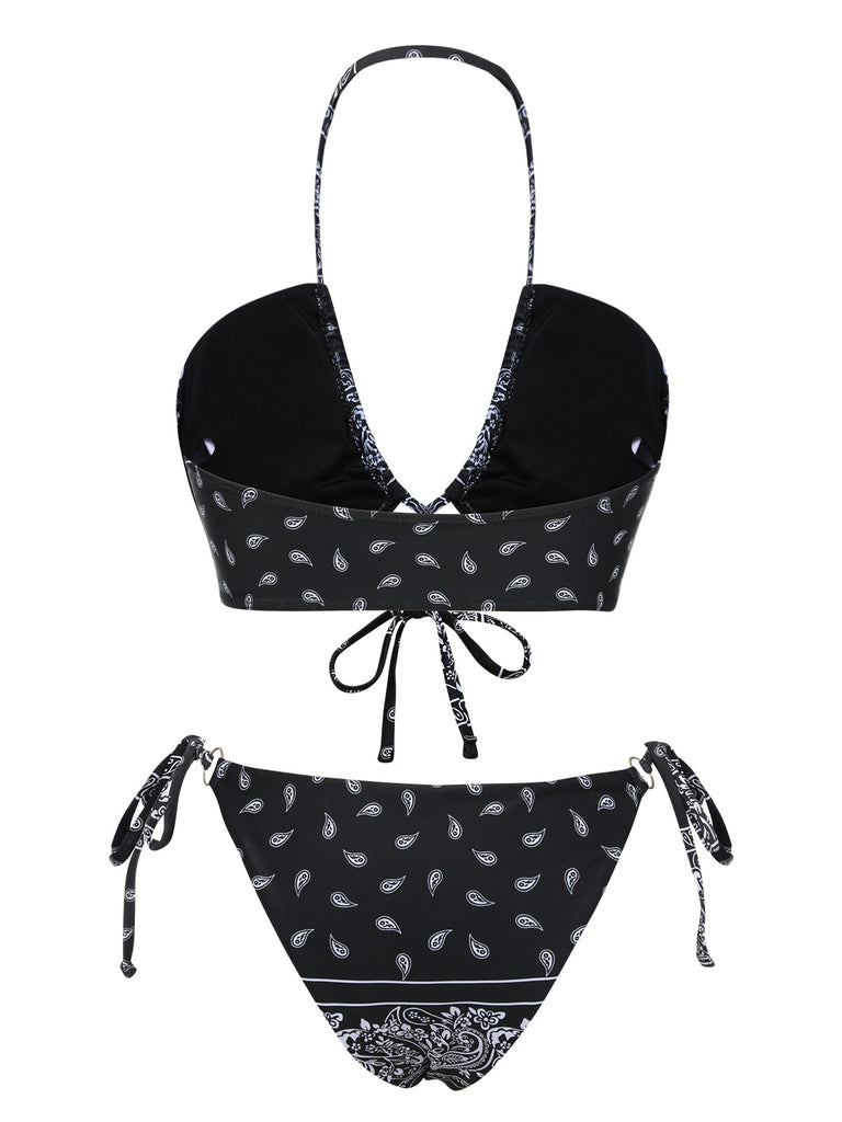 Black 1930s Cashew Flowers Lace-Up Bikini Set, vintage swimsuit, pin-up swimwear - perfect for women who love vintage and retro fashion