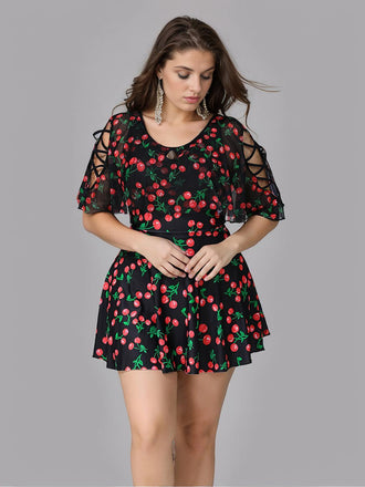 She's wearing Black 1930s Cherry Skirt Swimsuit and the whole beach remembers the 1930s