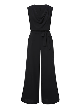 Black 1930s Cowl Neck Solid Jumpsuit with Belt - vintage jumpsuit, retro fashion, classic black